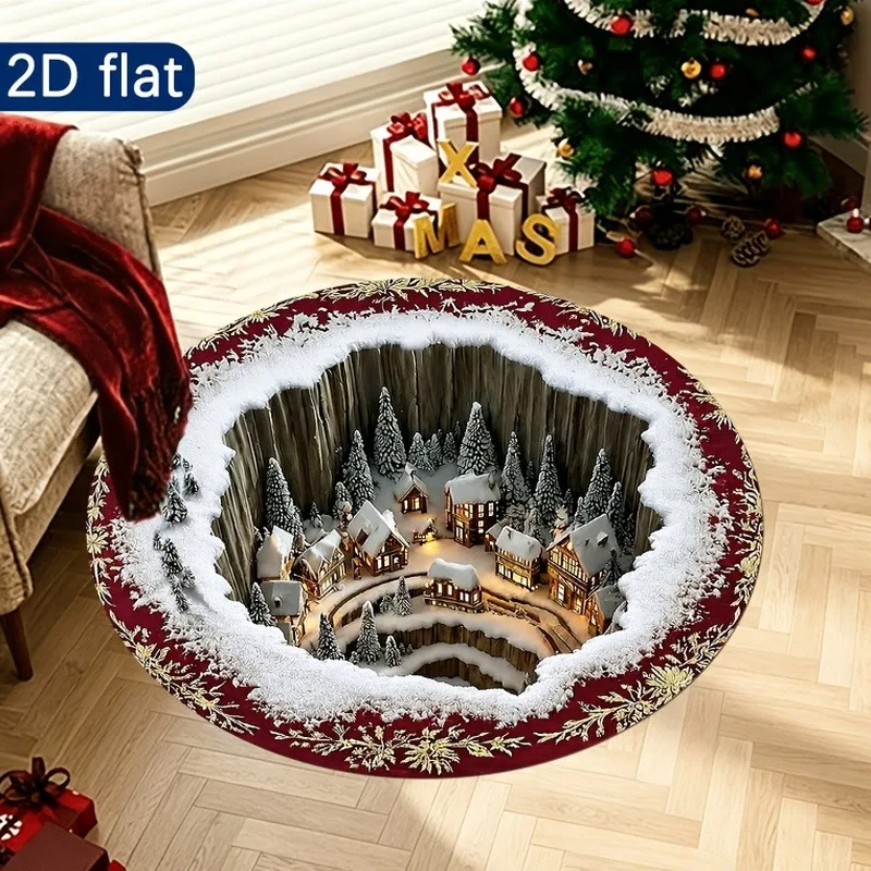 Round Area Rug 3D Illusion Brick Wall Sleigh Carpet Flannel Fluffy Cozy Winter Snow Town Sofa Bedside Placement Mat