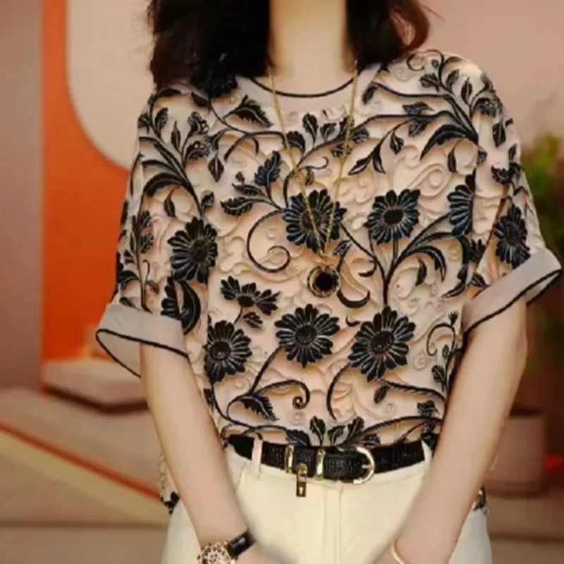 

2025 Summer New Off-shoulder T-shirt with Round Neck 3D Three-dimensional Sunflower Print Loose Meat Short Sleeve Shirt