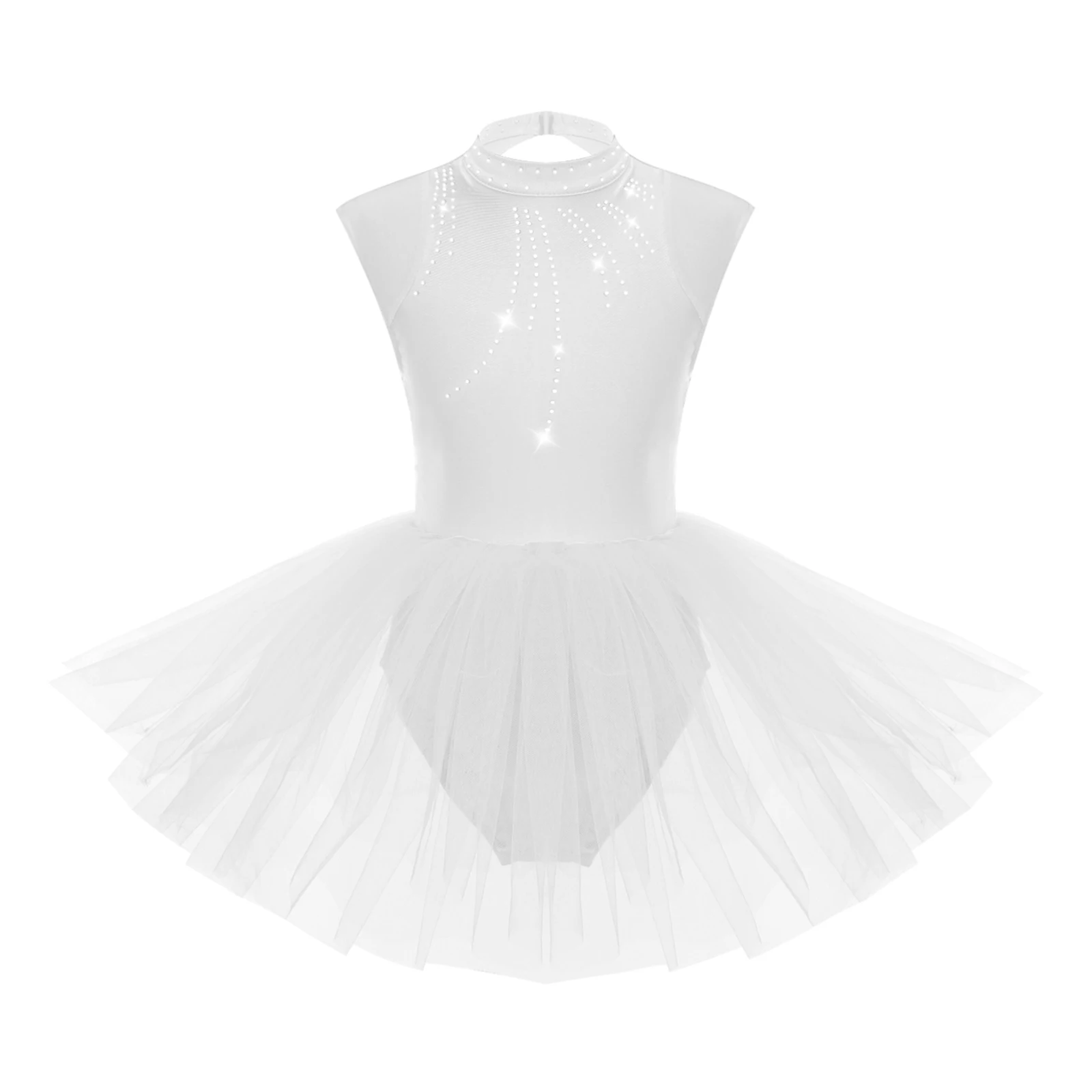 Kids Girls Ballet Tutu Dance Dresses Mock Neck Shiny Rhinestones Sleeveless Dress for Stage Performance Competition Dancewear