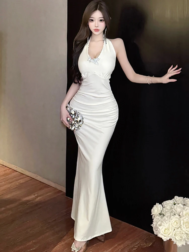 

Spring Autumn White Chic Diamodns Neck-mounted Sexy Long Dress Women Elegant Luxury Mermaid Dress 2025 Korean Bodycon Prom Dress