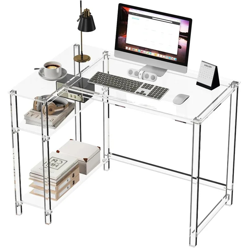 Acrylic L Shaped Table - Transparent Table with Reversible Storage Shelf - Modern Home Office Desk Corner Table