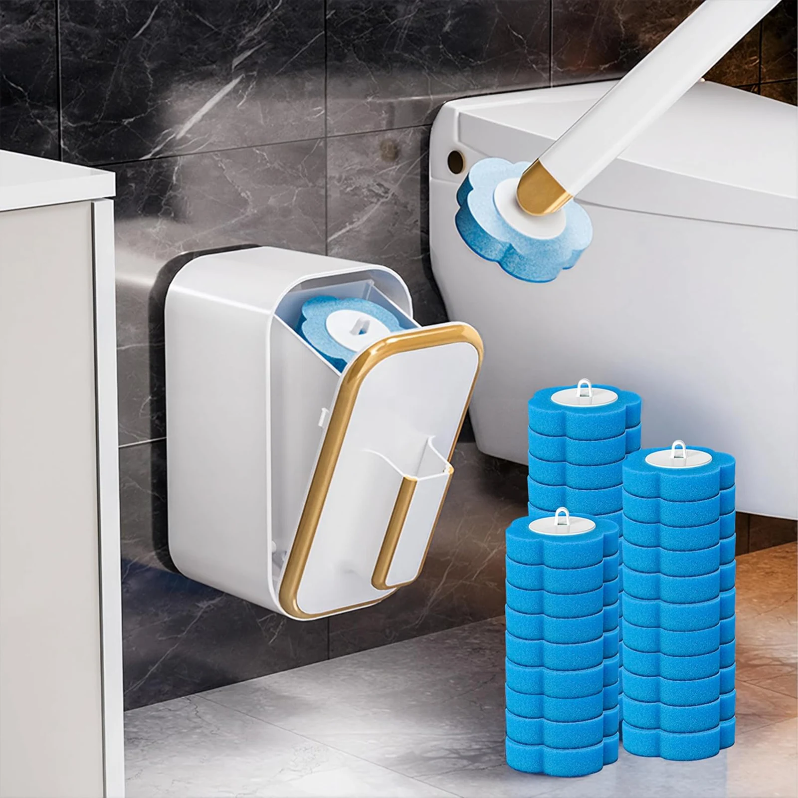 

Wall Mounted Toilet Brush with 36 Refill Heads and Holder Wall-Mount Scrubbing Toilet Brush with Long Handle for Deep Cleansing