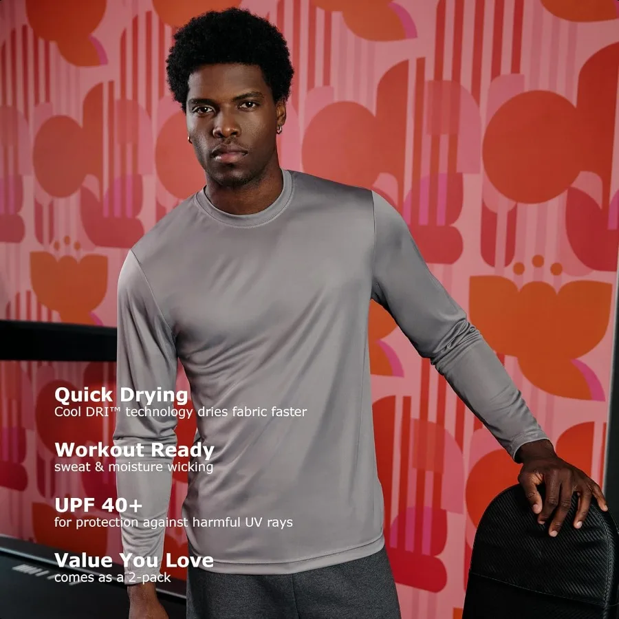 Hanes Sport Paquete de camisetas de manga larga para hombre Cool DRI Camisetas de rendimiento que absorben la humedad Camiseta de rendimiento Paquete de 2