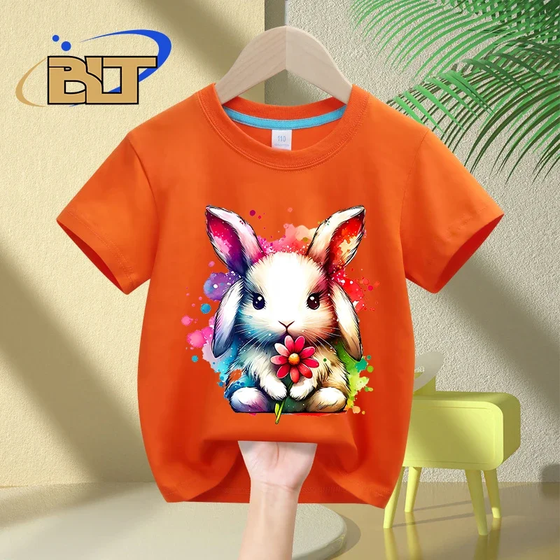 Camiseta con estampado de conejito de flores para niños, tops informales de manga corta de algodón para niños y niñas, Verano