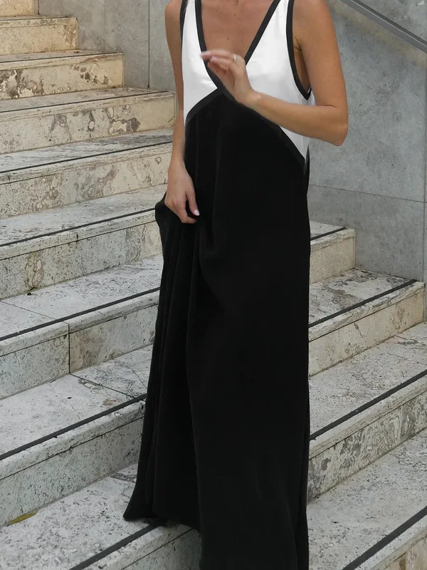 

Сексуальное женское модное платье макси с V-образным вырезом, длинное, с цветовыми блоками, H-образного силуэта, из полиэстера, для повседневной носки