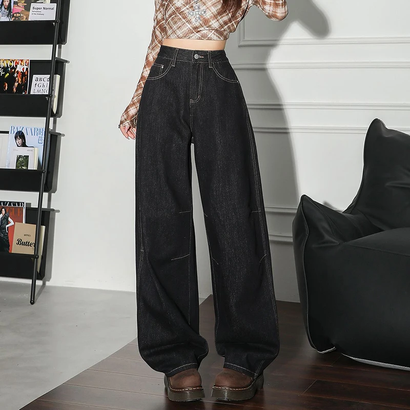 KSTUN High Waist Womens Black Jeans Wide Leg Casual Baggy Pants Fashion Pockets Curved Pants Vintage Streetwear Hot Girl Jeans