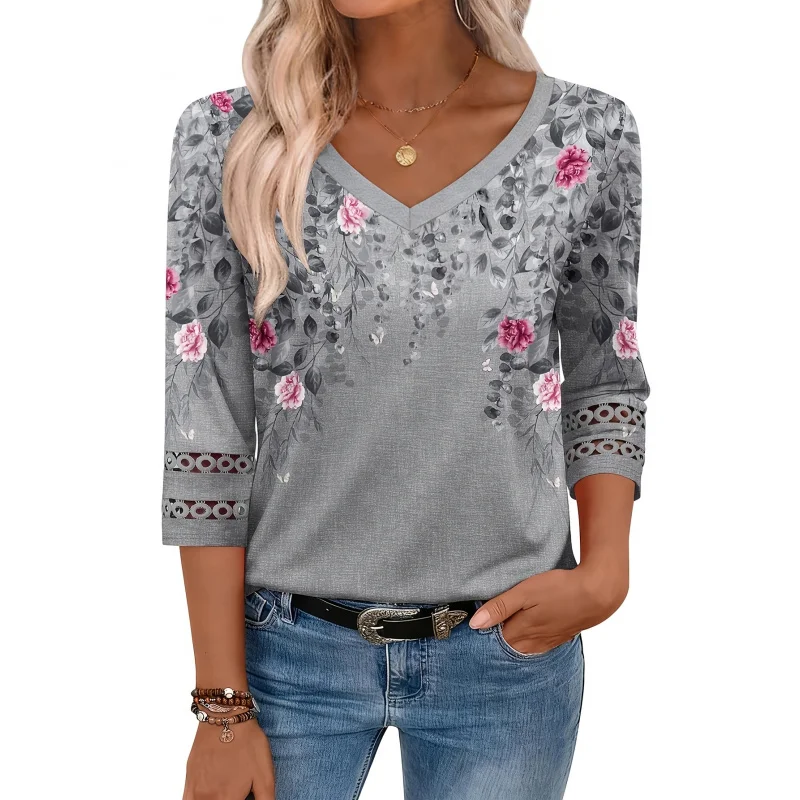 

Women's Elegant Comfortable 3/4 Sleeve Top, Fashion Basic Shirt, Loose Casual Lace Spliced Three-Quarter Sleeve-Shirt