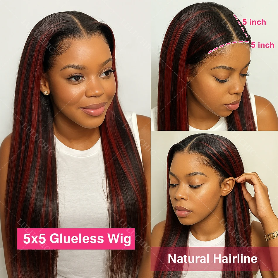 200 Density Black With Red Bone Straight 5x5 Highlight Wigs Human Hair Brazilian Burgundy Red Colored Glueless Wigs Human Hair