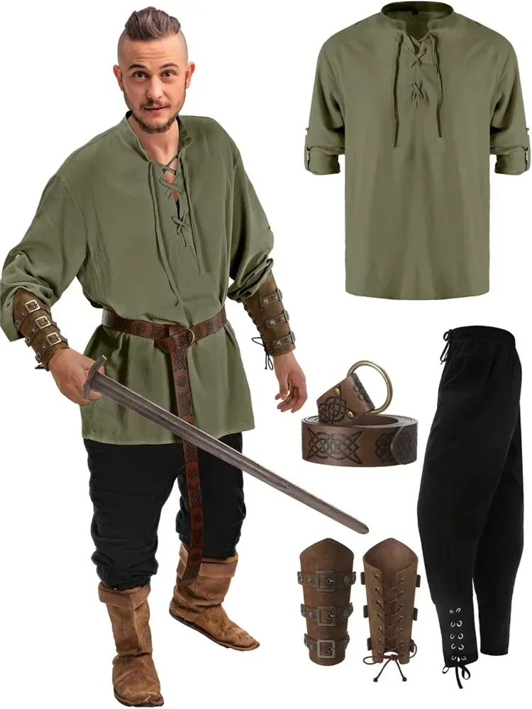 

Medieval Pirate Shirt Ankle Banded Pants Viking Belt Accessories Cos Suits 4 Pcs Halloween Men's Renaissance Costume Set