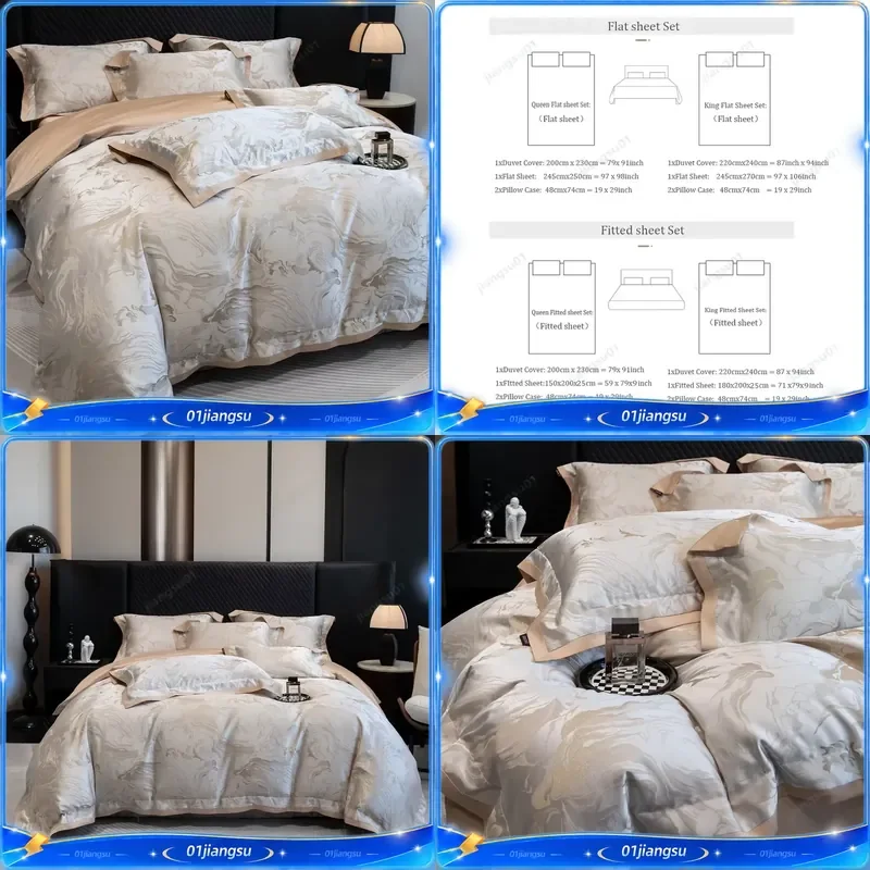 1000TC Egyptian Cotton Jacquard Luxury Bedding Set Queen King Size Duvet Cover Flat Fitted Sheet Pillowcases 4 Piece Home