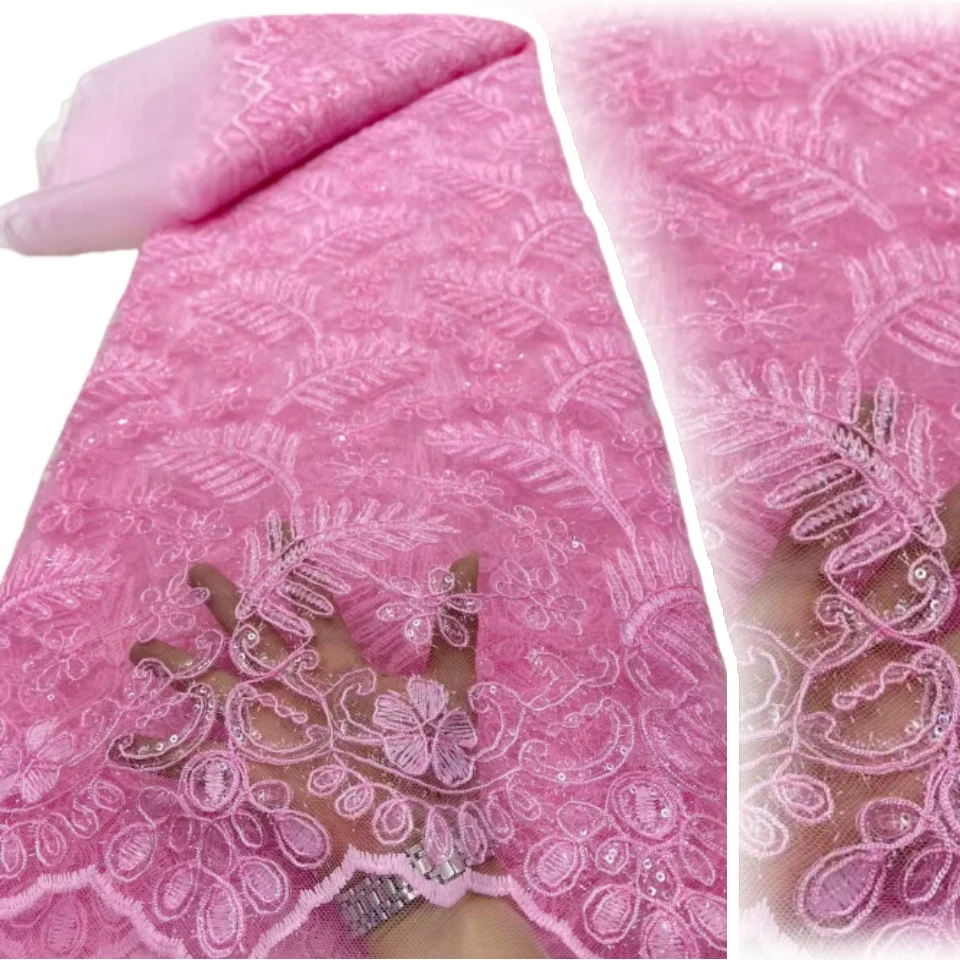 

Pink African Beaded Tulle Lace Fabric 2026 High-Quality Nigerian Sequin Lace Fabric Ideal for Party Dresses and Wedding 2555