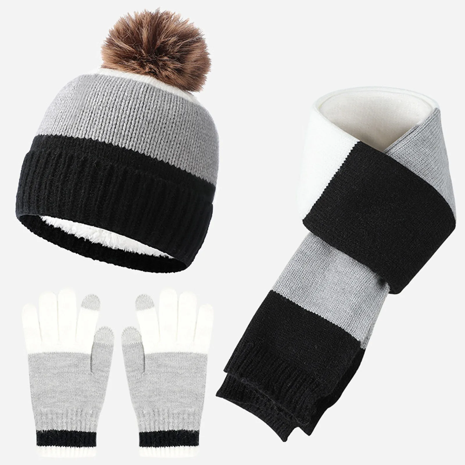 Conjunto de gorro de invierno para niños, guantes, bufanda, decoración de bola de felpa, estampado a rayas, forro polar grueso, gorro de punto, bufanda completa, 3 piezas por juego