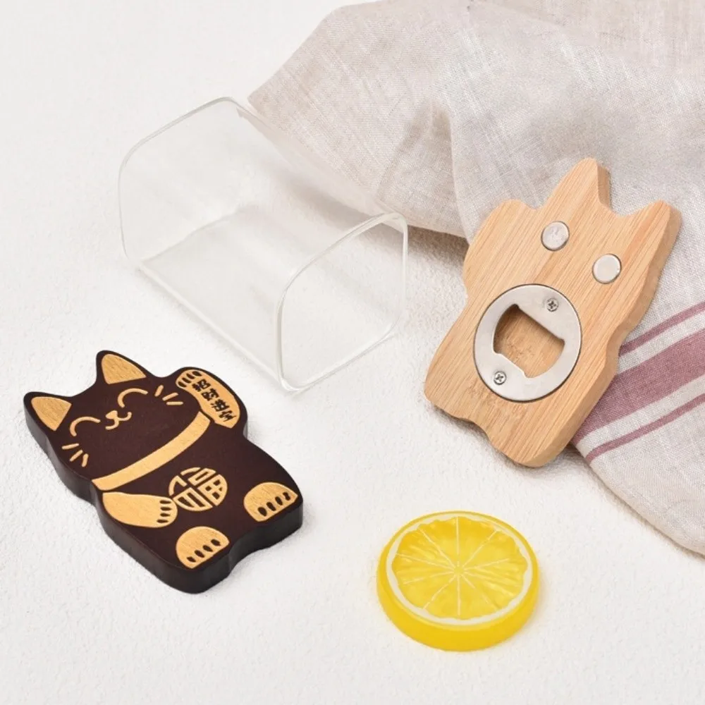 Decoration Wooden Fortune Cat Bottle Opener Lucky Maneki-neko Kitty Fridge Magnet Brown Cute Magnetic Cap Remover Gift