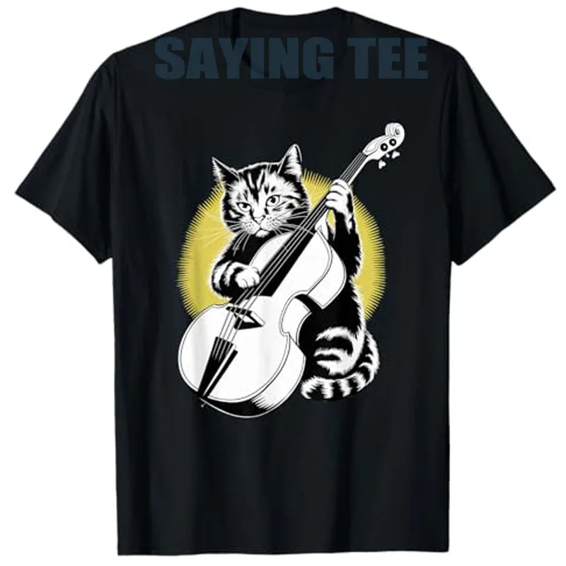 

Rockstar Bassist Cat on Cat Double Bass (Upright Bass) T-Shirt Double Bassist Music Streetwear Clothes Rock Kitty Graphic Tees