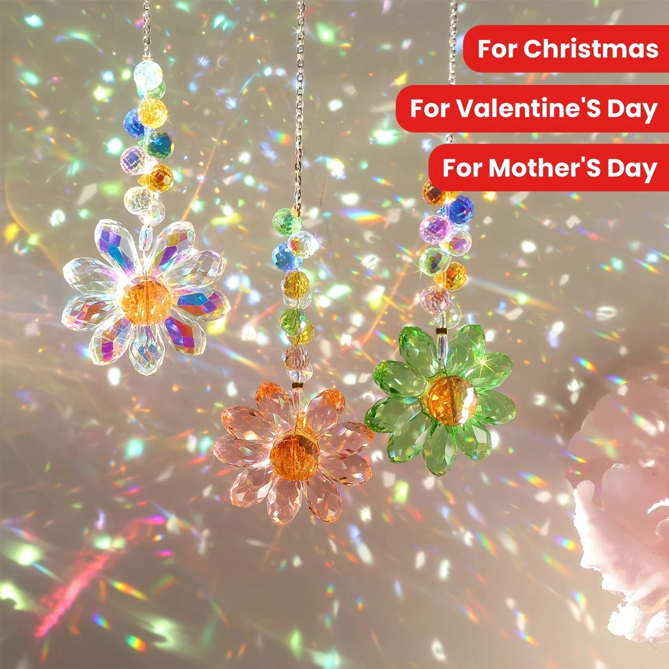 3PCS Multifaceted Glass Crystal Flower Garden Suncatchers - Colorful Beads Hanging Decor for Windows, Gardens, Wedding Occasio