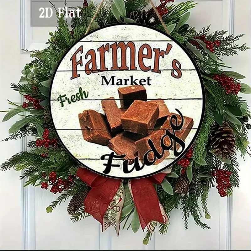 2D Flat, 1pc Rustic Farmhouse Wall Art - Circular Fudge & Farmers Market Round Sign, Brown Chocolatey Squares Decor for Home, Ca
