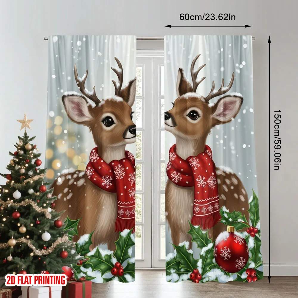 2D flat printing 2pcs Christmas Curtains Christmas Reindeer Snow Holiday Festive Digital Printed Polyester Drapes Holiday