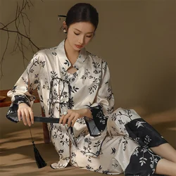 New Chinese Style Pajamas Set Exquisite Retro Jacquard Women Sleepwear Trouser Suits Spring Summer Print Flower Home Wear Pyjama