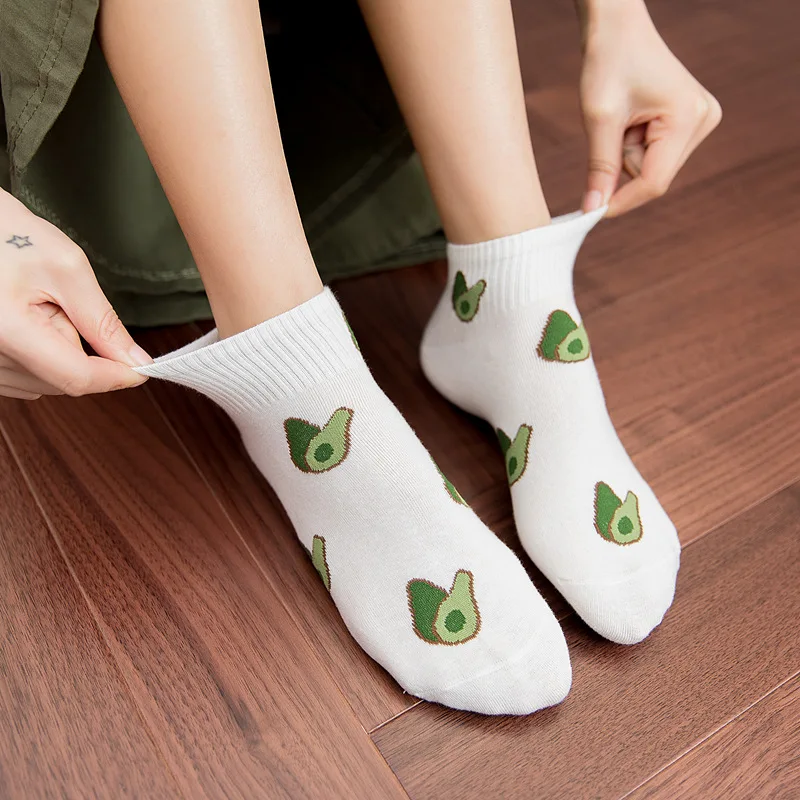 5 Pairs Cartoon Fresh Fashion Breathable Summer Autumn Kawaii Comforts Low Cut Women's Socks Set Short Green Avocado Ankle Socks