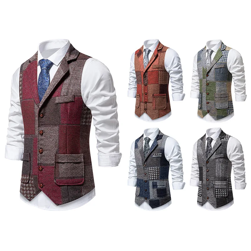 

Men Suit Vest Combination Colour Waistcoat Business Wedding Male Turndown Collar Men's Dress Blazer Vests Formal Party Vest V12