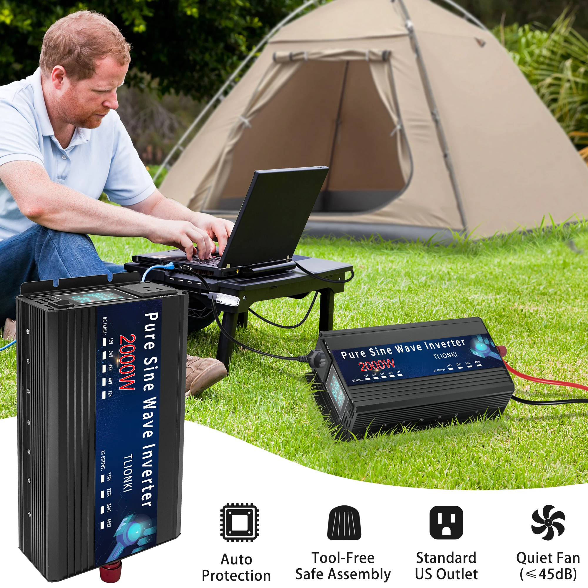 2000W Pure Sine Wave Inverter Car Power Inverter DC 12V to AC 110V Solar Power Inverter with LCD Display, AC Hardwire Port, Surg