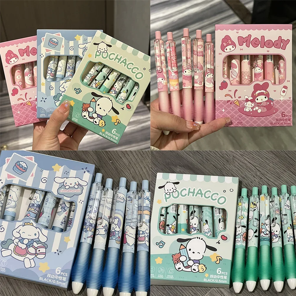 

6pcs/set Kawaii Sanrio Cartoon Cute Kuromi Pochacco Cartoon Pupil Examination Diary Gel Pen Study Stationery Festivals Gift