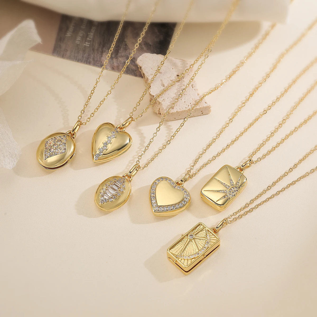 NEWBUY Trendy Gold Color 6 Style Photo Folder Design Pendant Necklaces For Women AAA CZ Zircon Inlay Copper Jewelry