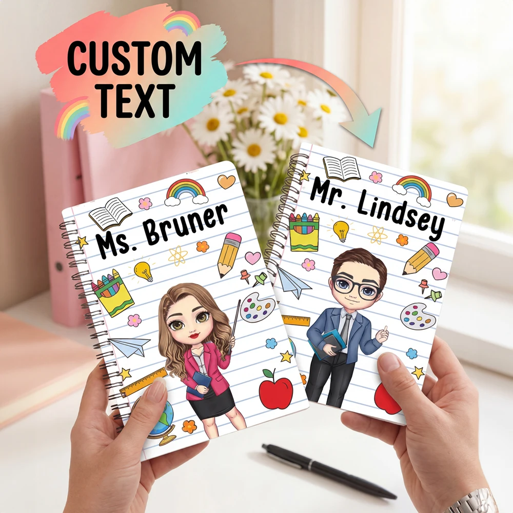 Personalized Custom Text Teacher Notebook,Cartoon Portrait Spiral Journal,Unique Appreciation Gift for Educator
