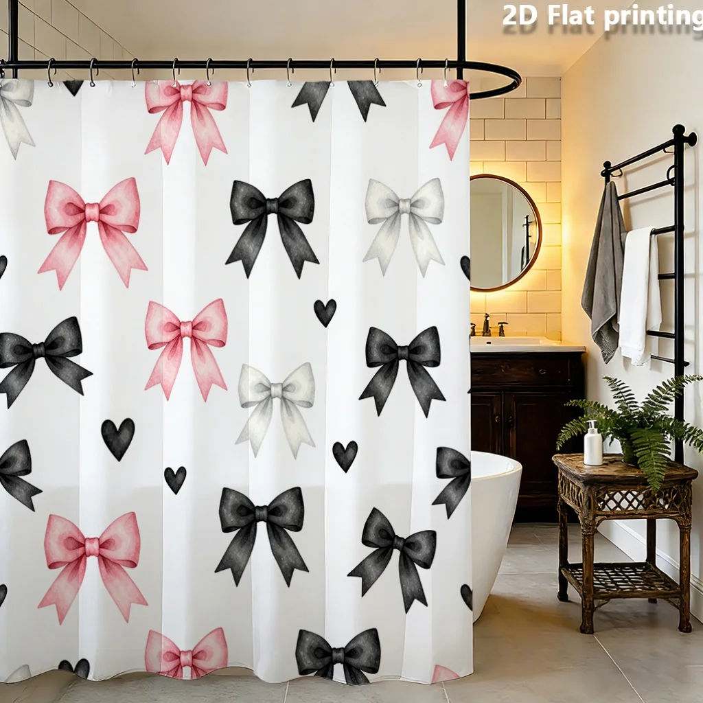 Cute Bow Pattern Shower Curtain, Pink Black Ribbon Waterproof Bath Curtain, Girly Heart Bathroom Decor for Teen Girls