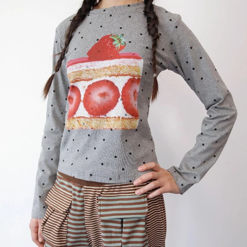 خريف جديد كعكة الفاكهة البولكا نقطة طباعة المرأة قاع قميص التصميم الياباني لطيف الحلو تنوعا طويلة الأكمام تي شيرت السيدات #4