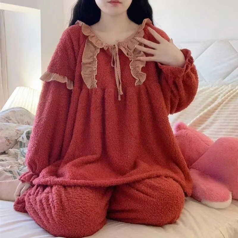 

Пижамы женские осенне-зимние новые с длинными рукавами из кораллового флиса, утепленный теплый костюм для улучшения дома, можно носить на улице