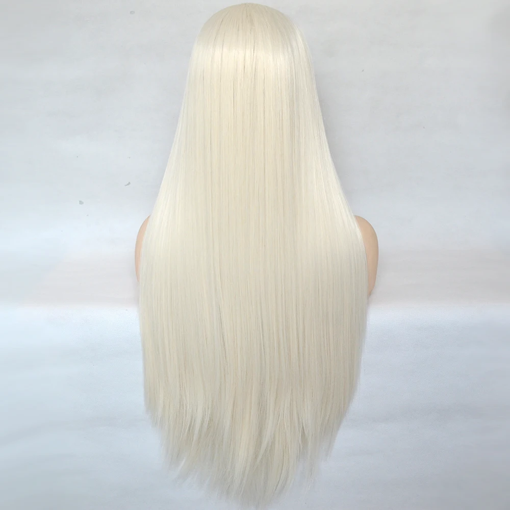 Voguequeen Platinum Blonde Synthetic Lace Front Wigs Silky Straight Heat Resistant Fiber Daily Wear For Women