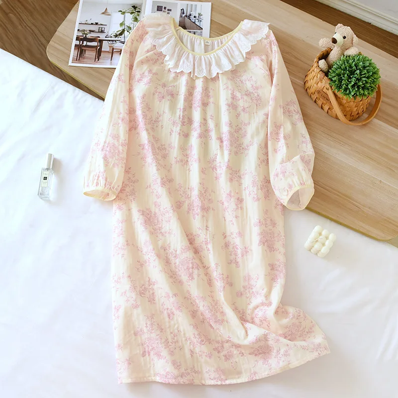 Rose Women Nightgown Lace Round Neck Sleepwear Korean Style Nightwear Spring Long Sleeve Sleeping One Piece Pajamas Night Dress