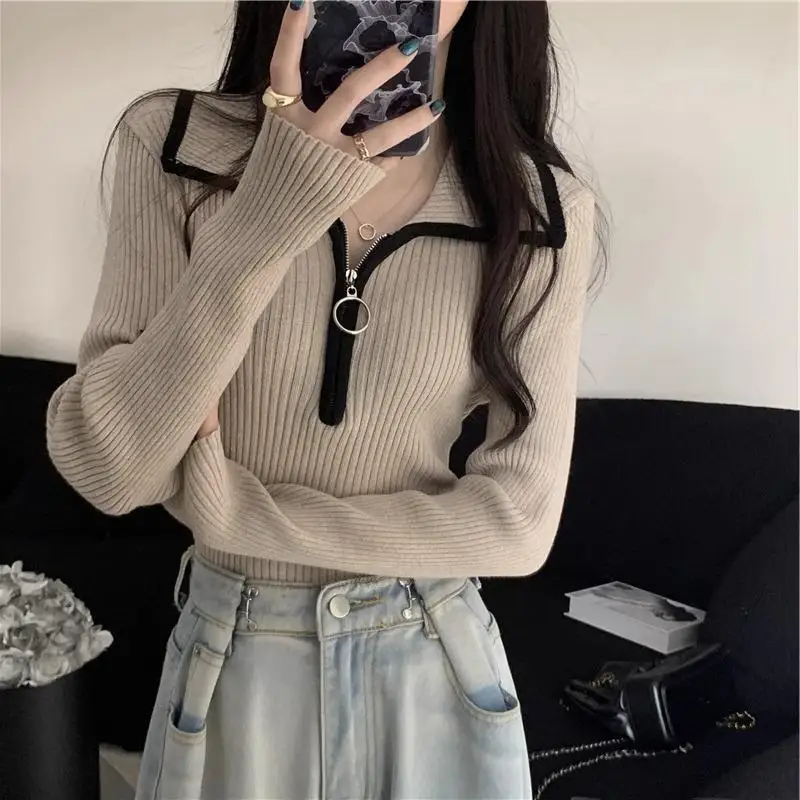 Color Blocking Half Zipper Lapel Sweater for Women Autumn and Winter Base Slim Fit and Slimming Knitted Sweater Top Women's