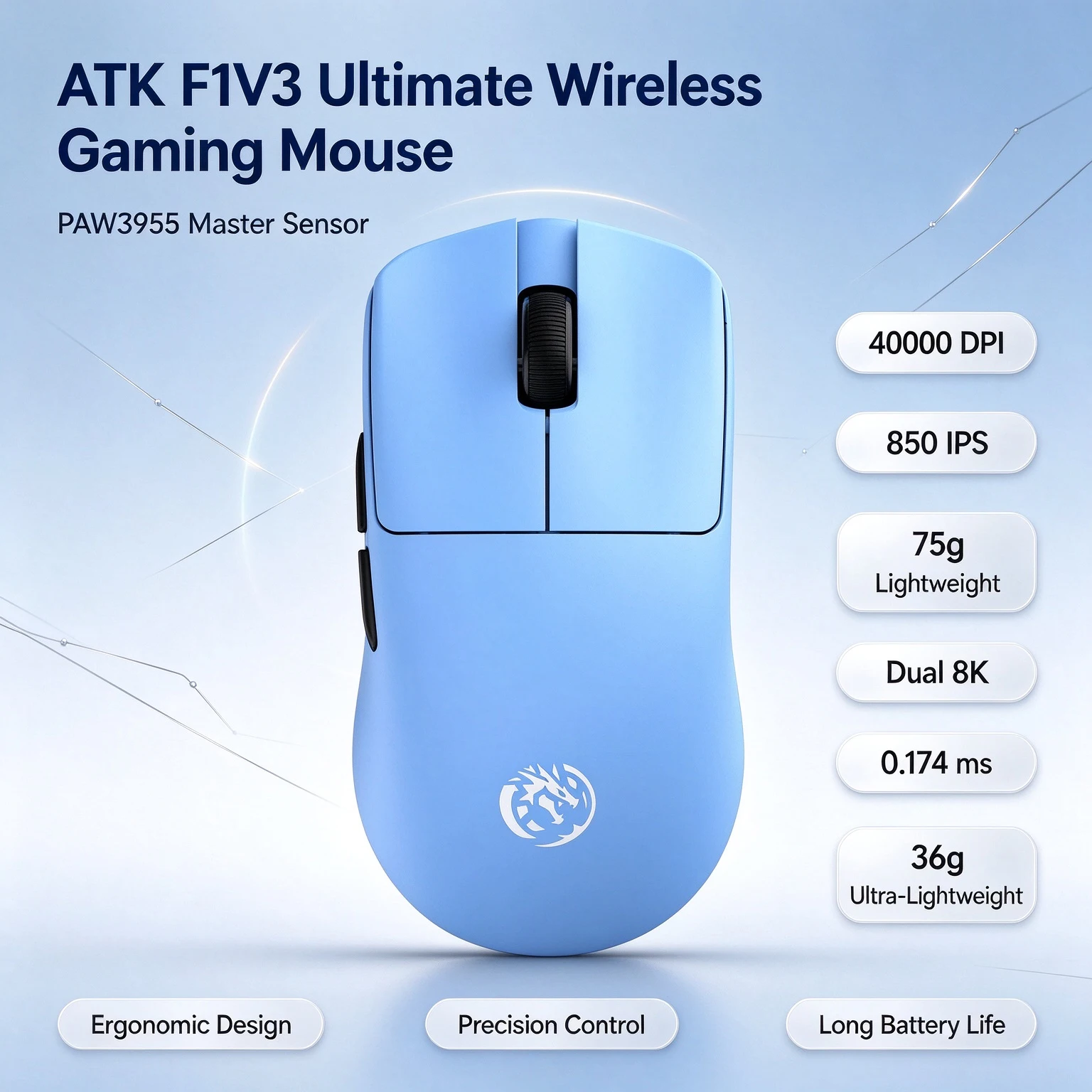 ATK F1V3 Ultimate Wireless Gaming Mouse PAW3955Master 40000DPI 850IPS 75G F1 V3 Dual 8K 0.174ms 36g Ultra Lightweigh Ergonomic