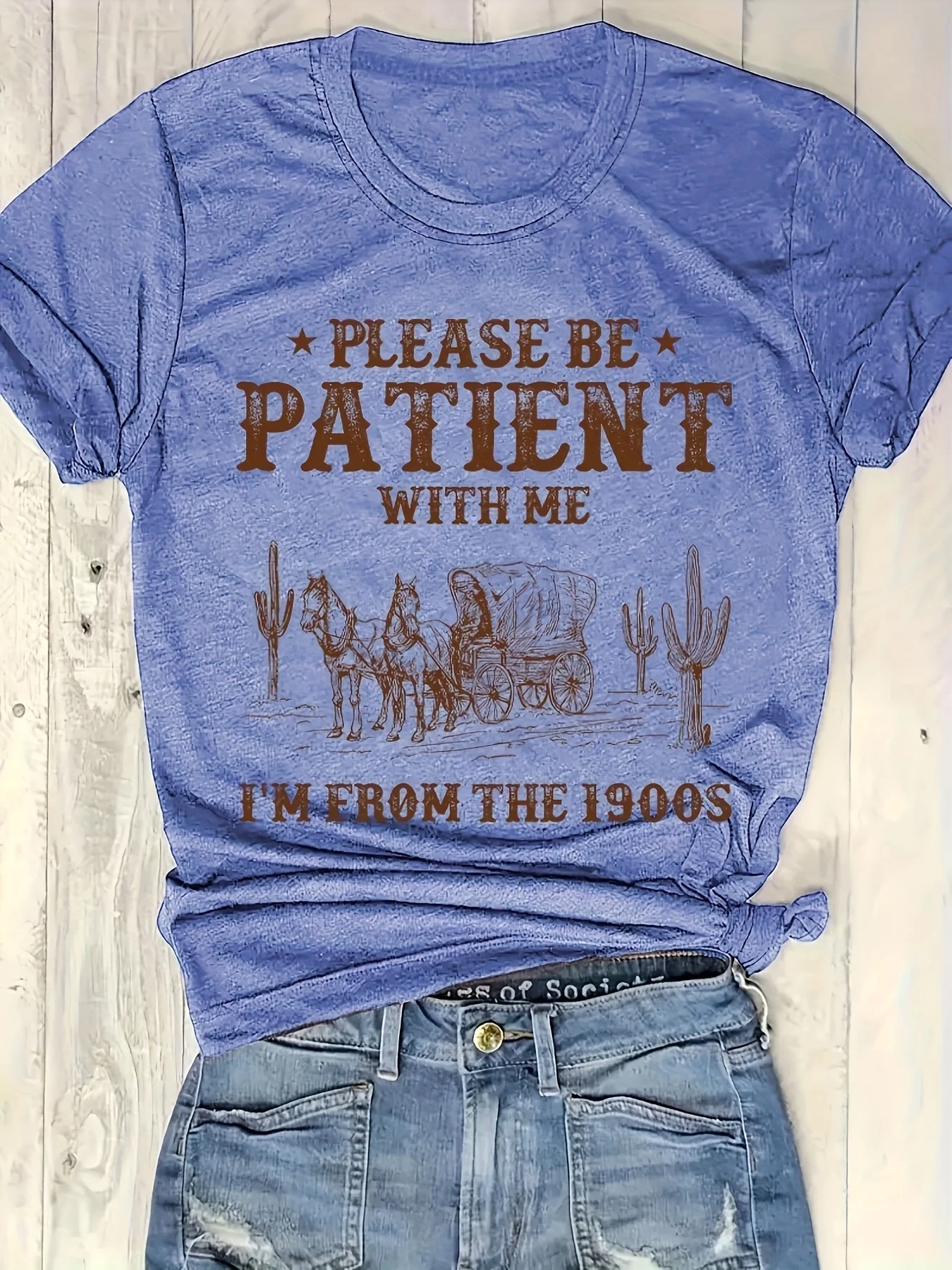 Women Crew Neck Short Sleeve T-Shirt Vintage Western Cowboy Wagon Cactus Letter Print Casual Retro Daily Tees