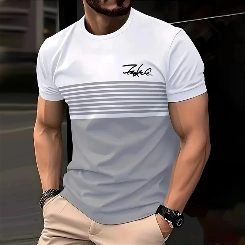 Business Casual Men's Striped T-shirt Simple Word Print Round Neck White T Shirts Summer Streetwear Breathable Loose Top Men