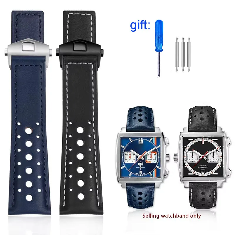 Pulseira de couro genuíno respirável para tag heuer monaco carrera cbl2115 pulseira de relógio de couro masculino 22mm fivela dobrável pulseira
