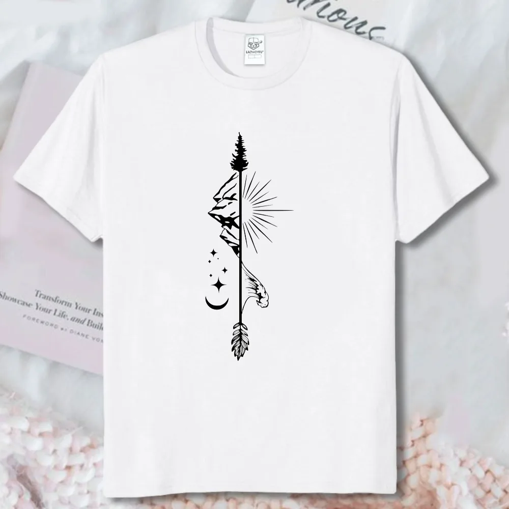 Boho Arrow Mountain Moon Star Graphic T Shirt Women Wilderness Line Art Print Tee Summer Cotton Shirt Outdoor Wanderlust Tops