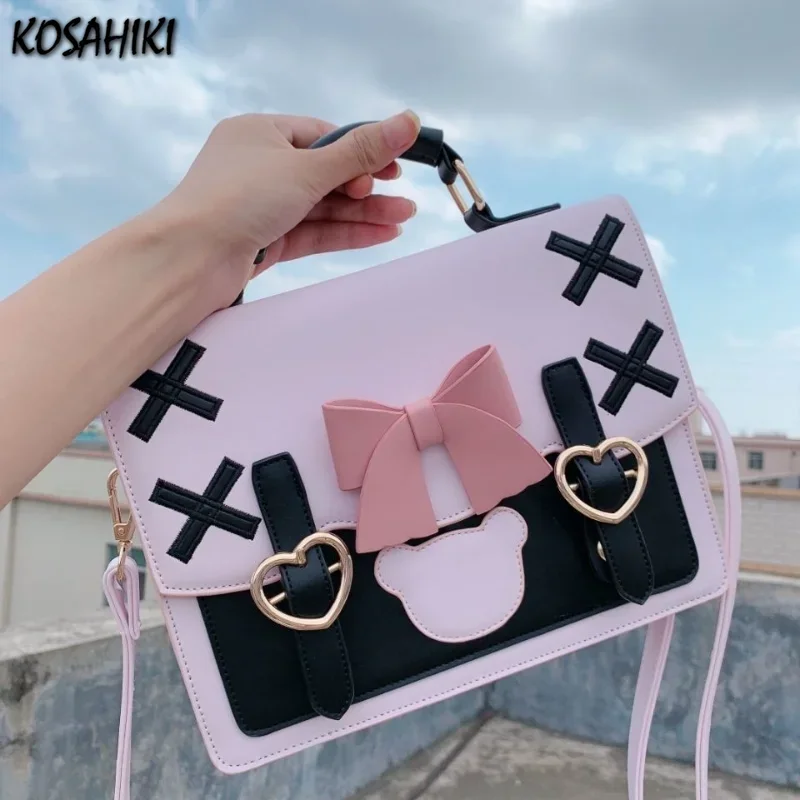 Japanese Lolita Bow Heart Handbags Korean All Match Kawaii Crossbody Jk Bag 2024 New Ins Sweet Shoulder Bags Women Y2k Aesthetic