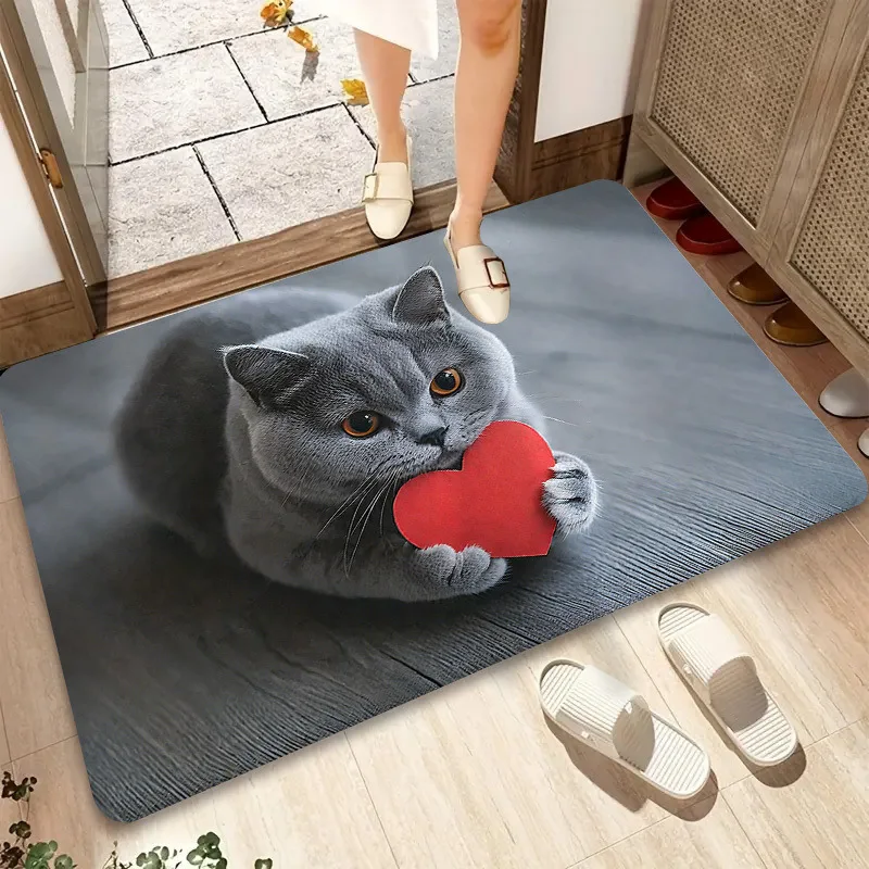Flannel Door Mat 2D Flat 3D Effect Cute Cat Sewer Printed Area Rug for Bedroom Living Room Entrance Home Decor Carpet