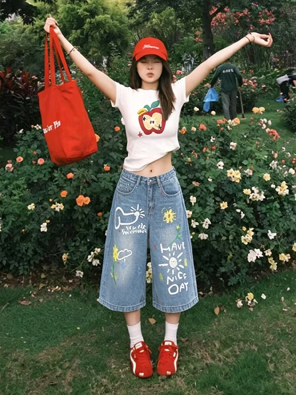 American Graffiti Printed High Waist Loose Wide Leg Jeans Women's Summer New Style Seven-Five-Length Shorts Casual Cotton Blend