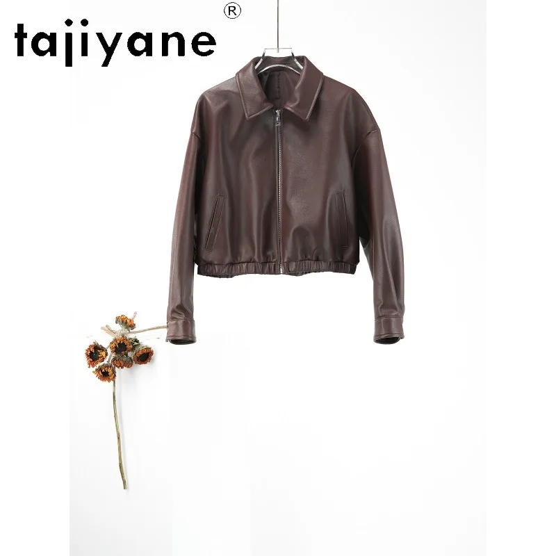 TAJIYANE Vintage Sheepskin Genuine Leather Jacket Woman Cropped Leather Coat Zipper Jackets for Woman Lightweight Outerwear 자켓