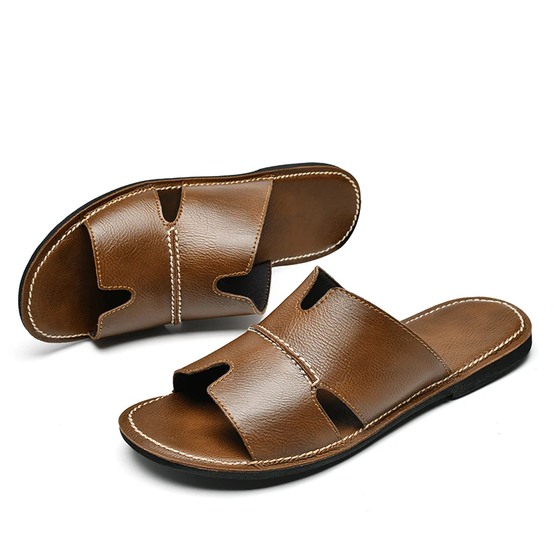 

Cowhide Slippers Men's Black Versatile Genuine Leather 47 Flip-Flops Summer Beach Shoes Men's Soft Sole Leather Sandals Trendy