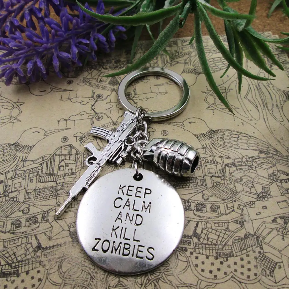 keep calm and kill zombies gun grenade Antique Charm keyring Gift Birthday