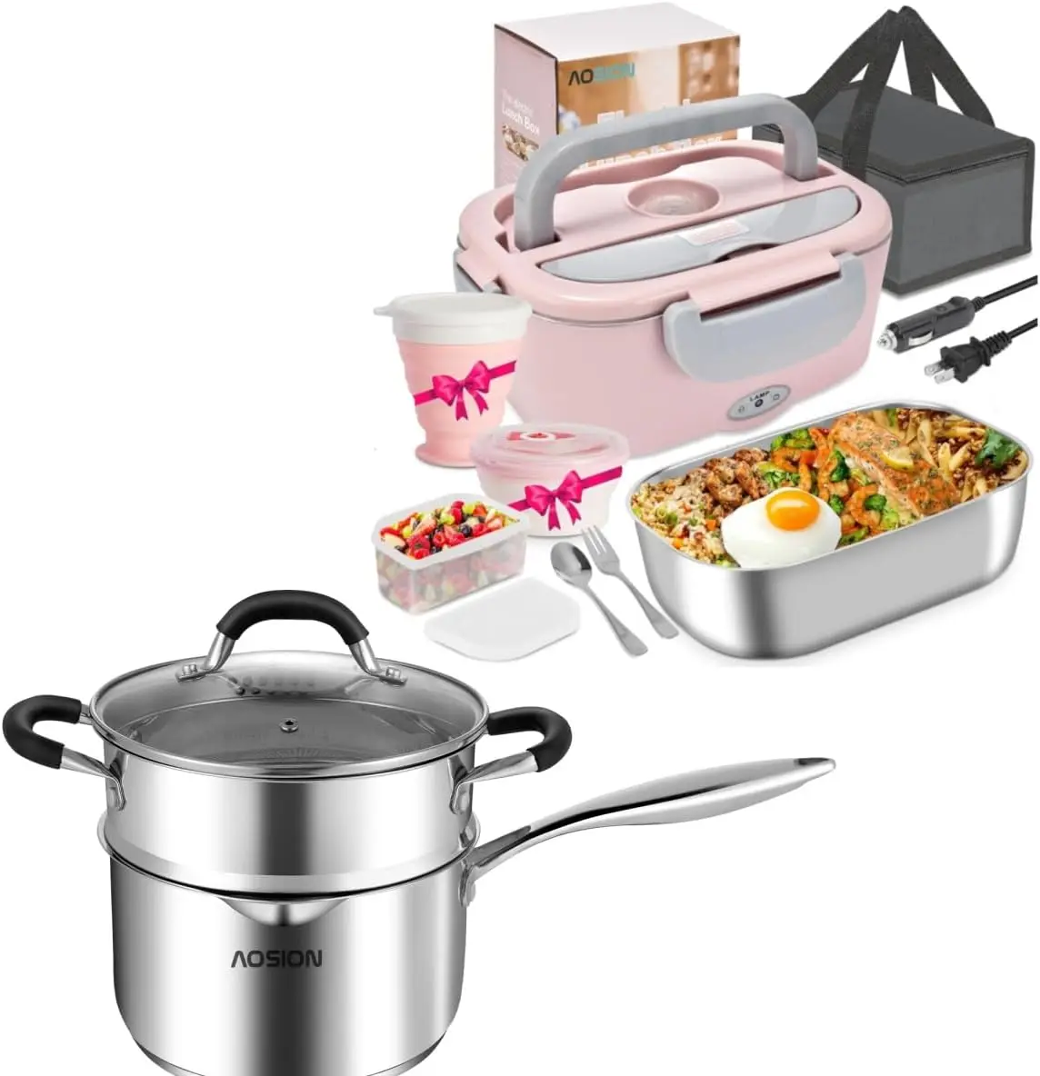 

Electric Heated Lunch Box & 3.5 Quart Stainless Steel Saucepan with Steamer Basket