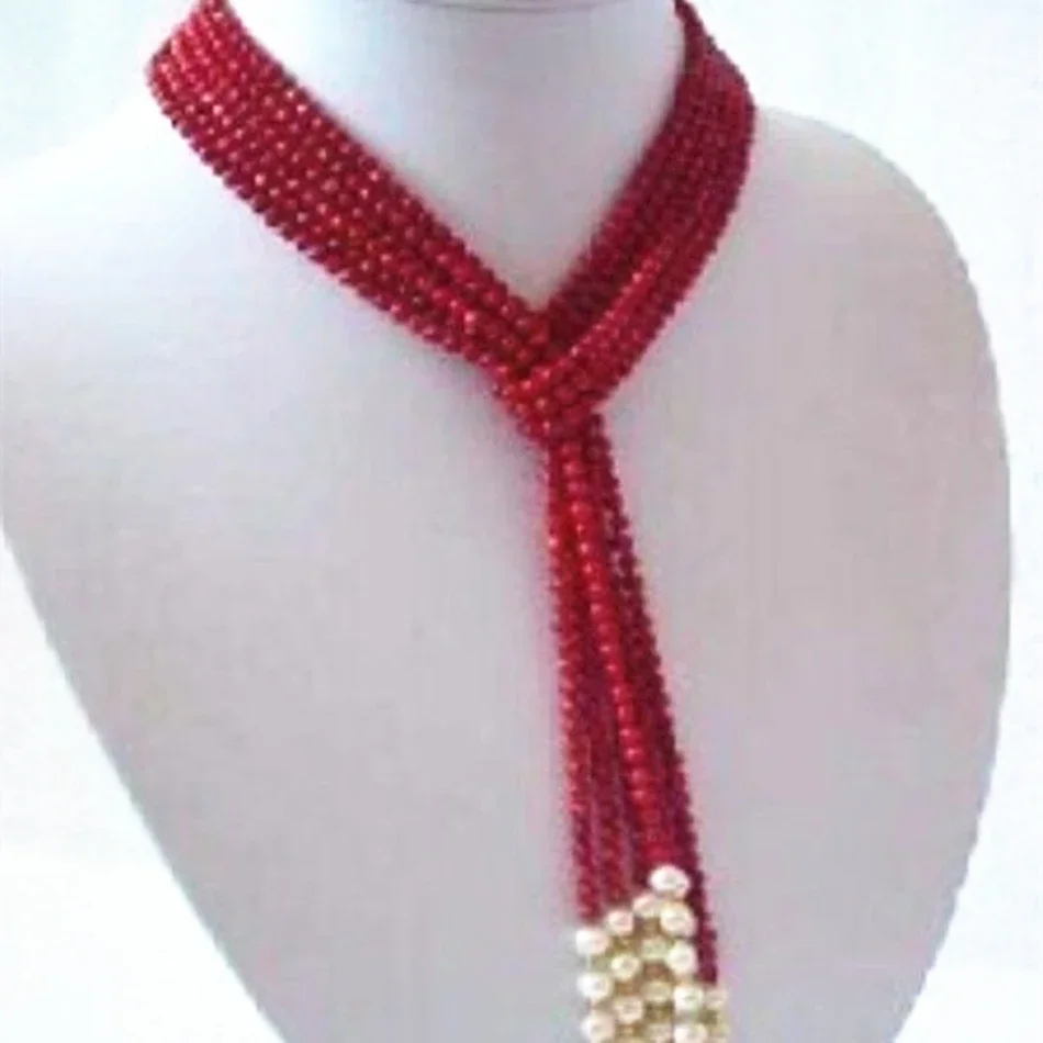 

Fashion 5mm charming red artificial coral white pearl round beads original scarf necklace party pretty gifts 50inchM