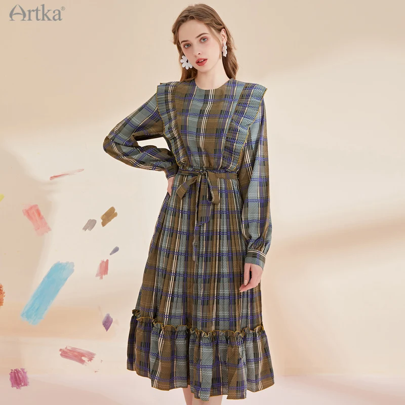 

ARTKA 2022 Spring New Women Dress Elegant Vintage O-Neck Plaid Dresses Female Long Sleeve Ruffle Midi Dress With Belt JL18069