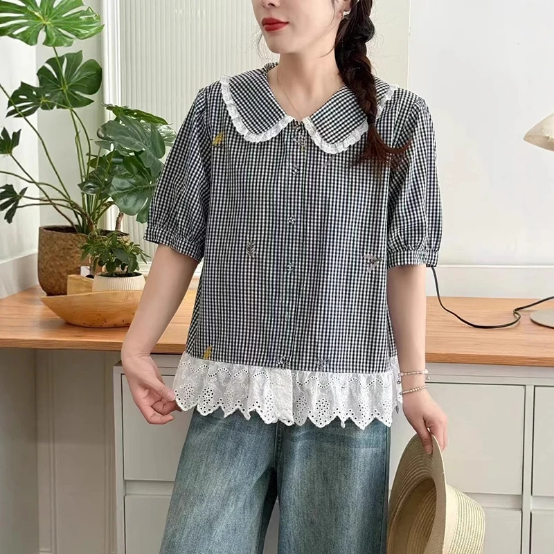 

Japanese Sweet Mori Girl Vintage Plaid Lace Patchwork Cotton Shirts Women Summer Peter Pan Collar Short Sleeve Casual Blouse Top