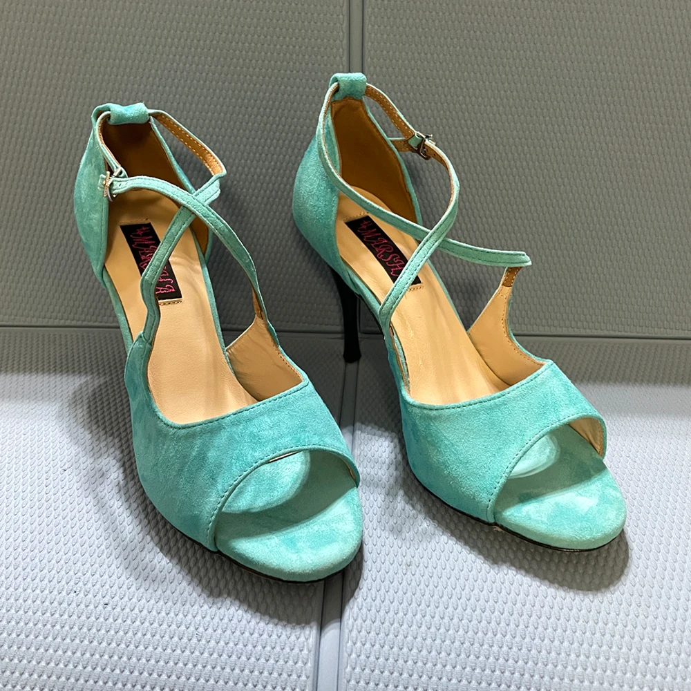 

Special Discount Tango shoes leather hard sole in size 8.5 Sky Blue Suede with 9cm Black heel like picture normal width